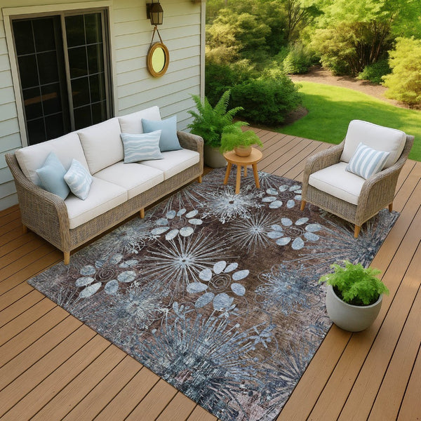 HomeRoots 8' X 10' Brown & Sky Blue Floral Indoor/Outdoor Area Rug – Stylish, Durable, Easy-Care Design for All Spaces 639320