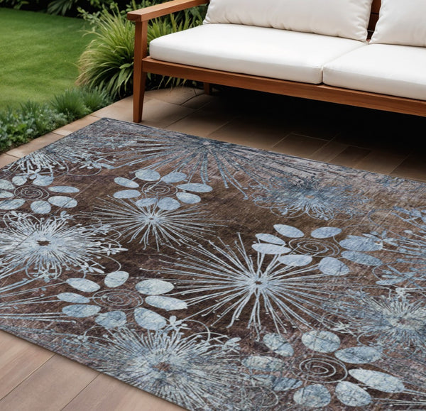 HomeRoots 9' Indoor Outdoor Floral Area Rug - Brown & Sky Blue, Durable, Washable, Perfect for Any Space! 639321