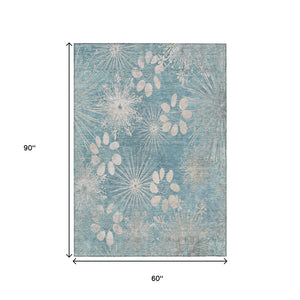HomeRoots 5' X 8' Blue and Ivory Floral Area Rug - Washable, Durable, Indoor/Outdoor, Kid & Pet-Friendly Design 639324
