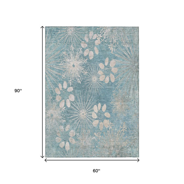 HomeRoots 5' X 8' Blue and Ivory Floral Area Rug - Washable, Durable, Indoor/Outdoor, Kid & Pet-Friendly Design 639324