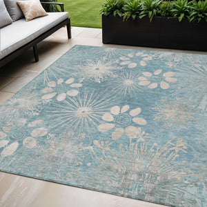 HomeRoots 5' X 8' Blue and Ivory Floral Area Rug - Washable, Durable, Indoor/Outdoor, Kid & Pet-Friendly Design 639324