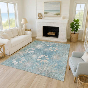 HomeRoots 5' X 8' Blue and Ivory Floral Area Rug - Washable, Durable, Indoor/Outdoor, Kid & Pet-Friendly Design 639324
