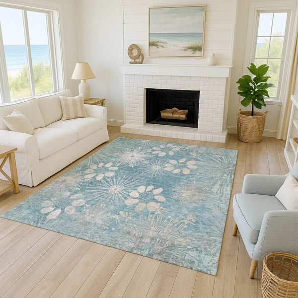 HomeRoots 5' X 8' Blue and Ivory Floral Area Rug - Washable, Durable, Indoor/Outdoor, Kid & Pet-Friendly Design 639324