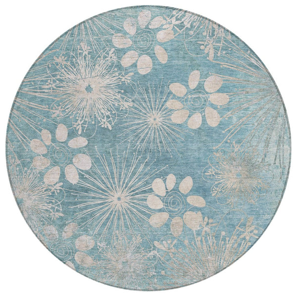 HomeRoots 8' Blue and Ivory Round Floral Area Rug - Durable, Washable Design for Indoor/Outdoor Style & Comfort 639325