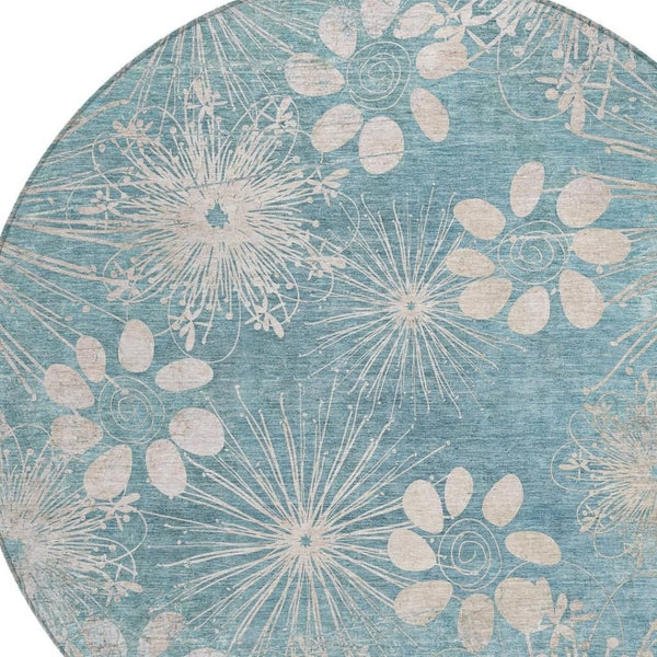 HomeRoots 8' Blue and Ivory Round Floral Area Rug - Durable, Washable Design for Indoor/Outdoor Style & Comfort 639325