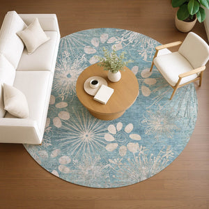 HomeRoots 8' Blue and Ivory Round Floral Area Rug - Durable, Washable Design for Indoor/Outdoor Style & Comfort 639325