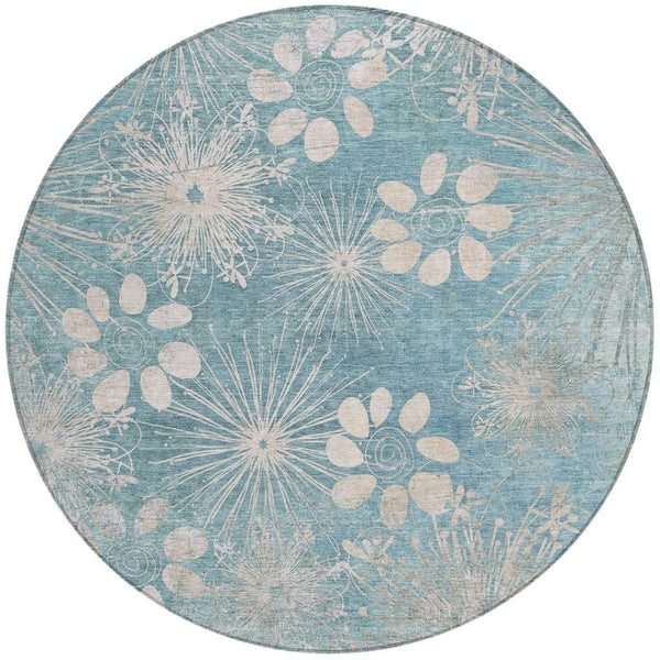 HomeRoots 8' Blue and Ivory Round Floral Area Rug - Durable, Washable Design for Indoor/Outdoor Style & Comfort 639325