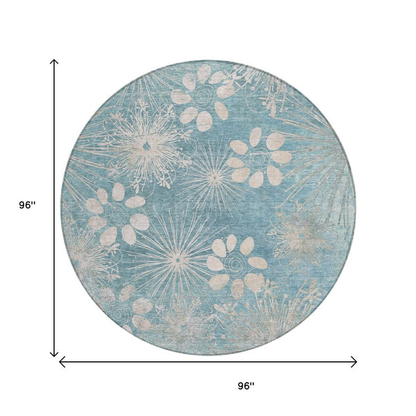 HomeRoots 8' Blue and Ivory Round Floral Area Rug - Durable, Washable Design for Indoor/Outdoor Style & Comfort 639325