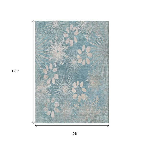 HomeRoots 8' X 10' Blue and Ivory Floral Area Rug - Washable, Stain-Resistant, Perfect for Indoor & Outdoor Use! 639326