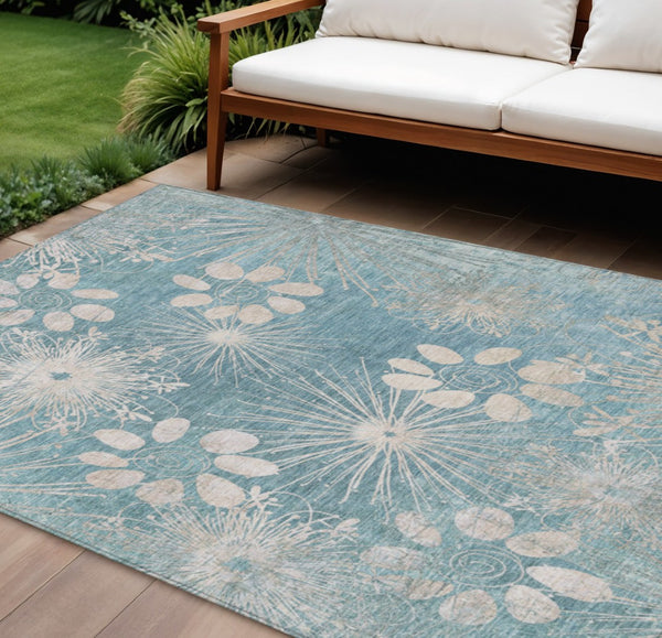 HomeRoots 8' X 10' Blue and Ivory Floral Area Rug - Washable, Stain-Resistant, Perfect for Indoor & Outdoor Use! 639326