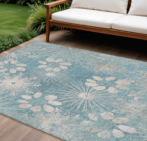 HomeRoots 10' X 14' Blue And Ivory Floral Area Rug – Stylish, Washable, Durable for Indoor & Outdoor Spaces 639328