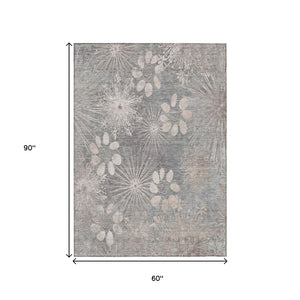 HomeRoots 5' Gray and Silver Floral Area Rug - Durable, Washable Indoor/Outdoor Accent for High-Traffic Spaces 639330