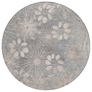 HomeRoots 8' Gray and Silver Round Floral Area Rug - Durable, Washable Design for Indoor & Outdoor Spaces 639331