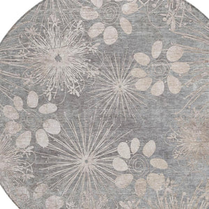 HomeRoots 8' Gray and Silver Round Floral Area Rug - Durable, Washable Design for Indoor & Outdoor Spaces 639331