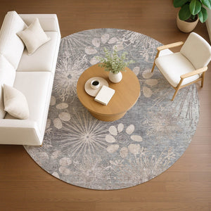 HomeRoots 8' Gray and Silver Round Floral Area Rug - Durable, Washable Design for Indoor & Outdoor Spaces 639331
