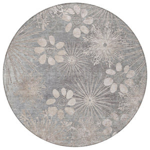HomeRoots 8' Gray and Silver Round Floral Area Rug - Durable, Washable Design for Indoor & Outdoor Spaces 639331
