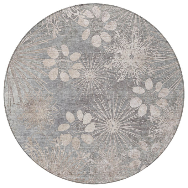 HomeRoots 8' Gray and Silver Round Floral Area Rug - Durable, Washable Design for Indoor & Outdoor Spaces 639331