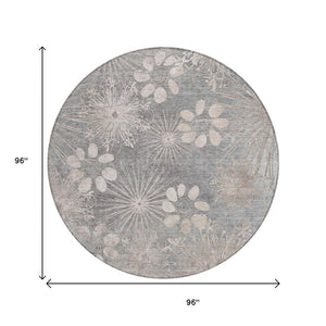HomeRoots 8' Gray and Silver Round Floral Area Rug - Durable, Washable Design for Indoor & Outdoor Spaces 639331