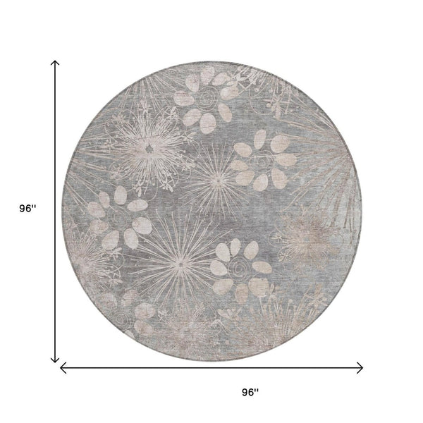 HomeRoots 8' Gray and Silver Round Floral Area Rug - Durable, Washable Design for Indoor & Outdoor Spaces 639331