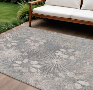 HomeRoots 10' Gray & Silver Floral Washable Area Rug - Durable Indoor/Outdoor Elegance for Any Space! 639334