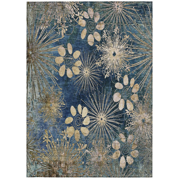 HomeRoots 5' X 8' Navy Blue and Gold Floral Area Rug - Durable, Washable, Elegant Design for Indoor & Outdoor Use 639336