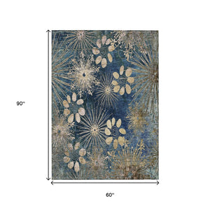 HomeRoots 5' X 8' Navy Blue and Gold Floral Area Rug - Durable, Washable, Elegant Design for Indoor & Outdoor Use 639336