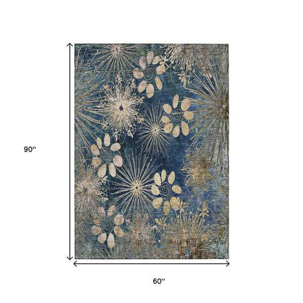HomeRoots 5' X 8' Navy Blue and Gold Floral Area Rug - Durable, Washable, Elegant Design for Indoor & Outdoor Use 639336