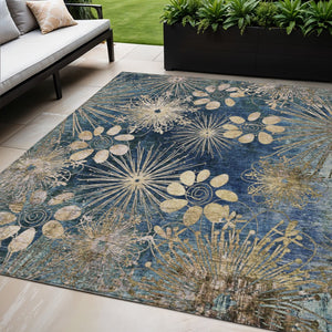 HomeRoots 5' X 8' Navy Blue and Gold Floral Area Rug - Durable, Washable, Elegant Design for Indoor & Outdoor Use 639336
