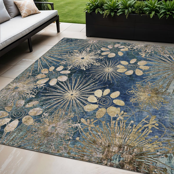 HomeRoots 5' X 8' Navy Blue and Gold Floral Area Rug - Durable, Washable, Elegant Design for Indoor & Outdoor Use 639336