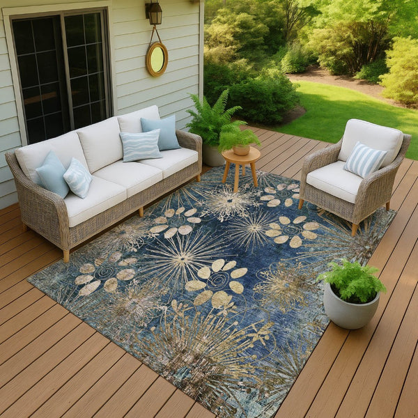 HomeRoots 5' X 8' Navy Blue and Gold Floral Area Rug - Durable, Washable, Elegant Design for Indoor & Outdoor Use 639336
