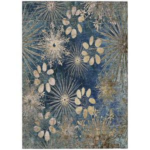 HomeRoots 5' X 8' Navy Blue and Gold Floral Area Rug - Durable, Washable, Elegant Design for Indoor & Outdoor Use 639336