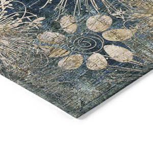 HomeRoots 5' X 8' Navy Blue and Gold Floral Area Rug - Durable, Washable, Elegant Design for Indoor & Outdoor Use 639336