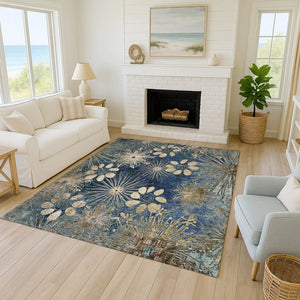 HomeRoots 5' X 8' Navy Blue and Gold Floral Area Rug - Durable, Washable, Elegant Design for Indoor & Outdoor Use 639336