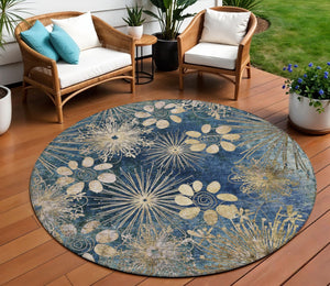 HomeRoots 8' Navy Blue and Gold Round Floral Rug - Durable, Machine-Washable, Perfect for Indoor & Outdoor Spaces 639337