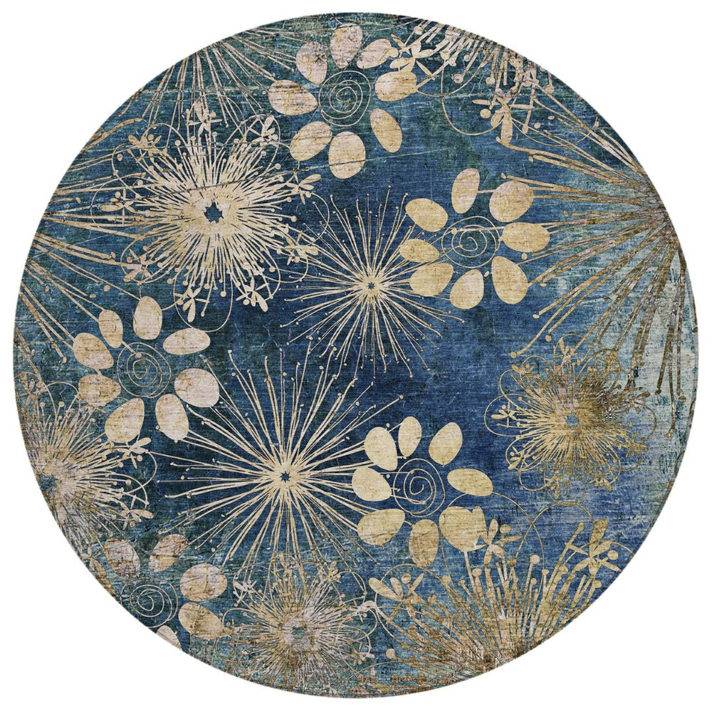 HomeRoots 8' Navy Blue and Gold Round Floral Rug - Durable, Machine-Washable, Perfect for Indoor & Outdoor Spaces 639337