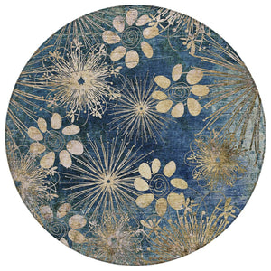 HomeRoots 8' Navy Blue and Gold Round Floral Rug - Durable, Machine-Washable, Perfect for Indoor & Outdoor Spaces 639337