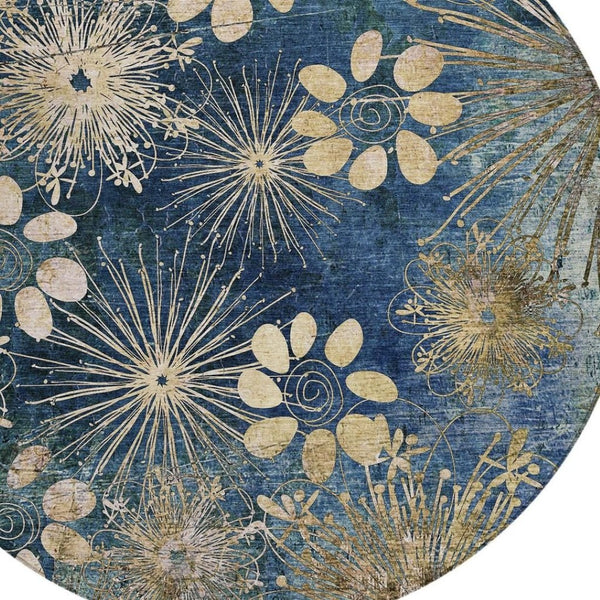 HomeRoots 8' Navy Blue and Gold Round Floral Rug - Durable, Machine-Washable, Perfect for Indoor & Outdoor Spaces 639337
