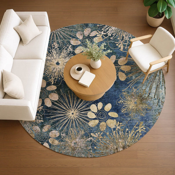 HomeRoots 8' Navy Blue and Gold Round Floral Rug - Durable, Machine-Washable, Perfect for Indoor & Outdoor Spaces 639337