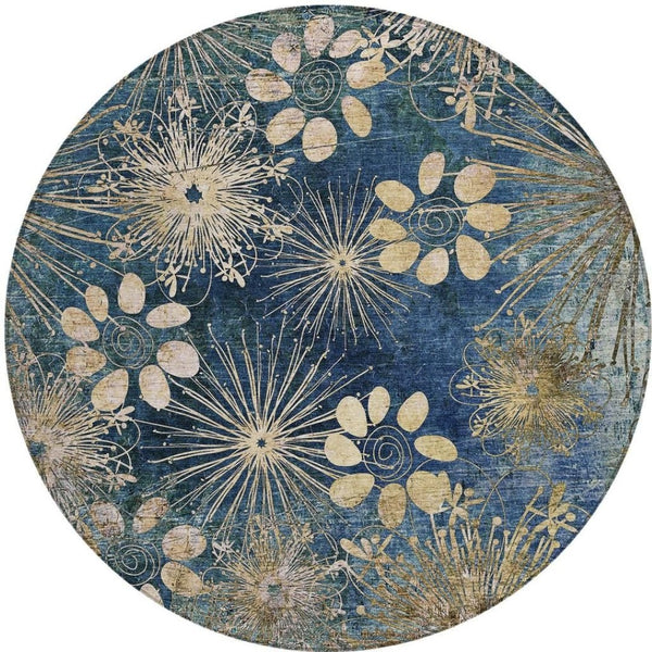 HomeRoots 8' Navy Blue and Gold Round Floral Rug - Durable, Machine-Washable, Perfect for Indoor & Outdoor Spaces 639337