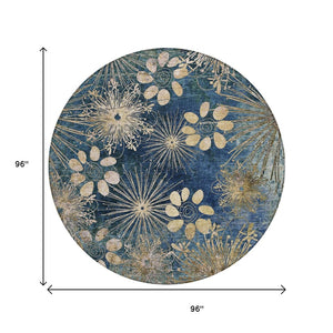 HomeRoots 8' Navy Blue and Gold Round Floral Rug - Durable, Machine-Washable, Perfect for Indoor & Outdoor Spaces 639337