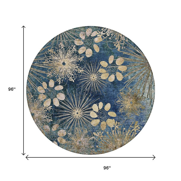 HomeRoots 8' Navy Blue and Gold Round Floral Rug - Durable, Machine-Washable, Perfect for Indoor & Outdoor Spaces 639337