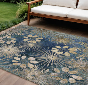 HomeRoots 8' X 10' Navy Blue and Gold Floral Area Rug – Stylish, Durable, Washable for Indoor/Outdoor Use! 639338