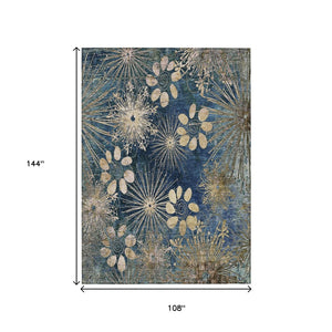 HomeRoots 9' X 12' Navy Blue & Gold Floral Area Rug - Durable, Washable Design for Indoor & Outdoor Elegance 639339
