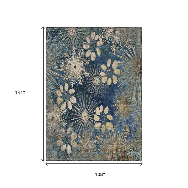 HomeRoots 9' X 12' Navy Blue & Gold Floral Area Rug - Durable, Washable Design for Indoor & Outdoor Elegance 639339