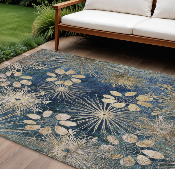HomeRoots 9' X 12' Navy Blue & Gold Floral Area Rug - Durable, Washable Design for Indoor & Outdoor Elegance 639339