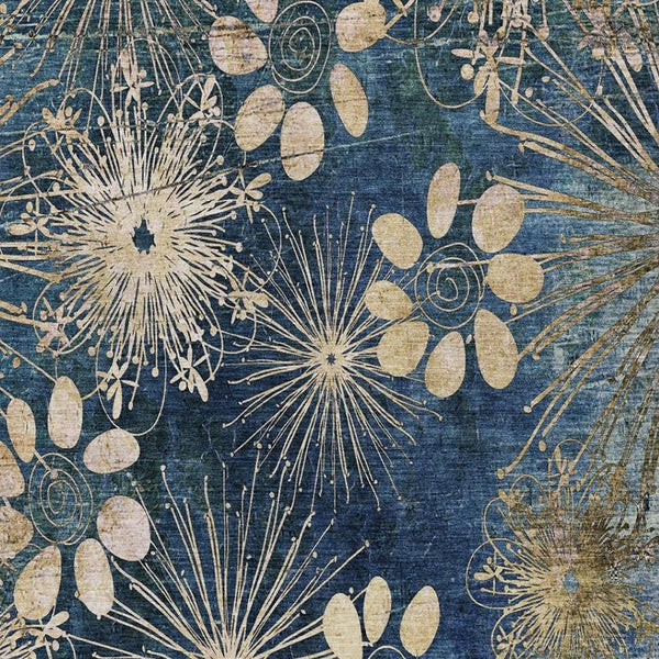 HomeRoots 9' X 12' Navy Blue & Gold Floral Area Rug - Durable, Washable Design for Indoor & Outdoor Elegance 639339