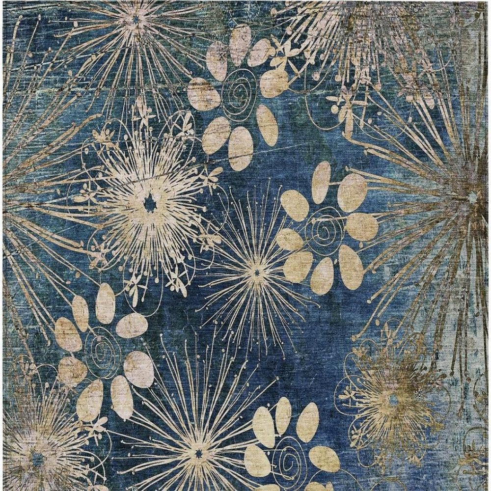 HomeRoots 10' Navy Blue and Gold Floral Area Rug – Stylish, Washable, Durable for Indoor & Outdoor Spaces! 639340