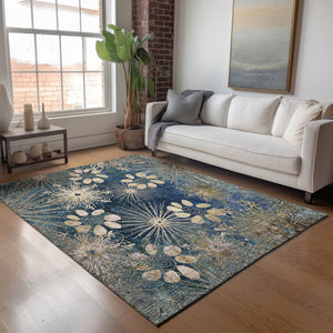 HomeRoots 10' Navy Blue and Gold Floral Area Rug – Stylish, Washable, Durable for Indoor & Outdoor Spaces! 639340