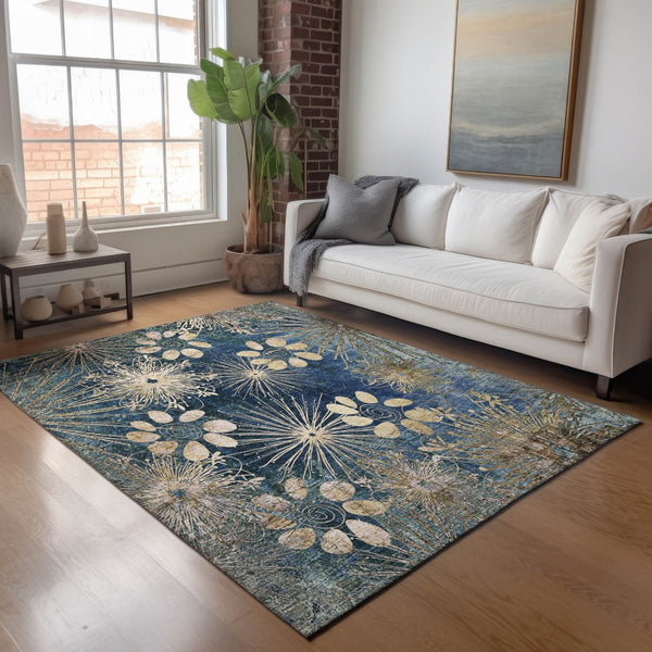 HomeRoots 10' Navy Blue and Gold Floral Area Rug – Stylish, Washable, Durable for Indoor & Outdoor Spaces! 639340