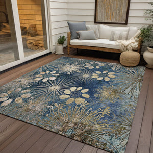 HomeRoots 10' Navy Blue and Gold Floral Area Rug – Stylish, Washable, Durable for Indoor & Outdoor Spaces! 639340